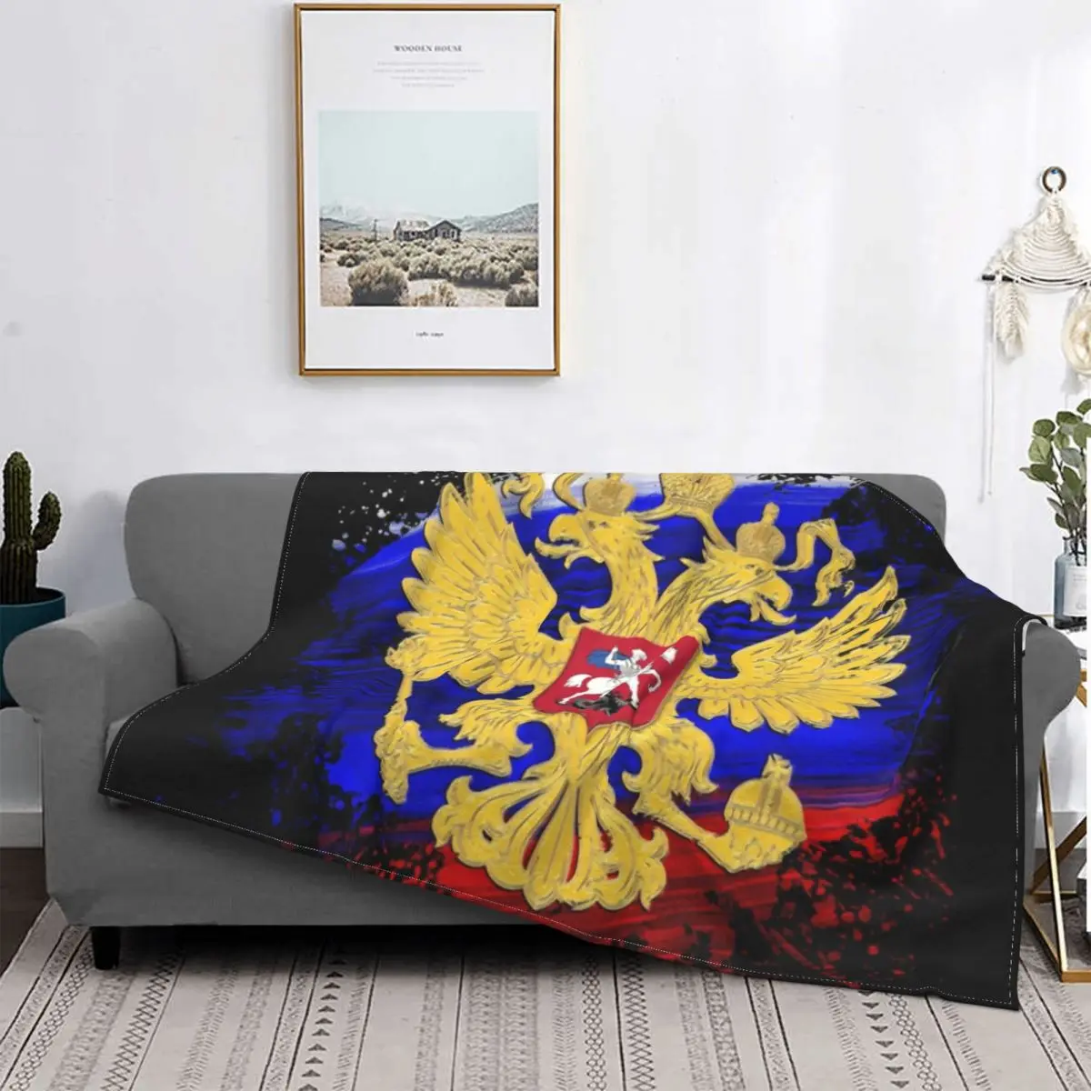 

Sofa Fleece Russian Eagle Coat Of Arms Throw Blanket Warm Flannel Russia Flag Blankets for Bedroom Office Couch Quilt