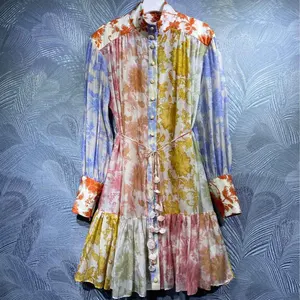 high quality silk cotton women designer holiday mixed floral printed mini dresses lantern sleeve sin