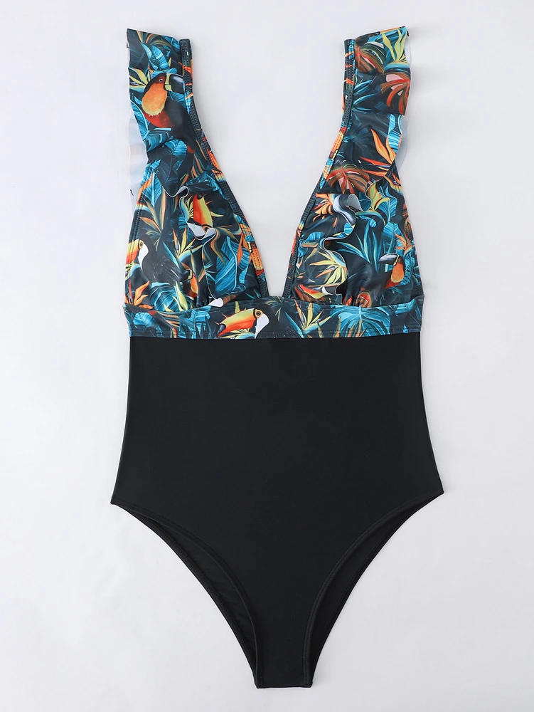 

Ruffle Print Sexy Ladies One Piece Swimsuit Bikini Set Push Up Monokini Summer Sports One Piece Swimsuit Women Beachwear