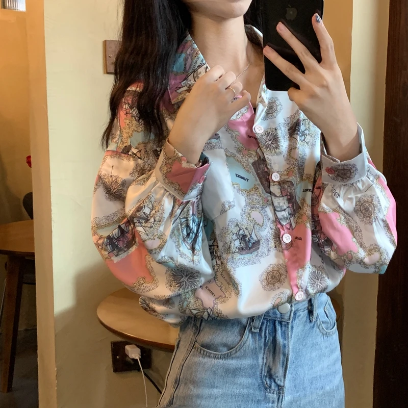 

New Long Sleeve Blouse Lapel Chiffon High-end Casual Fashion Top Summer Shirt Comfortable Print Houthion