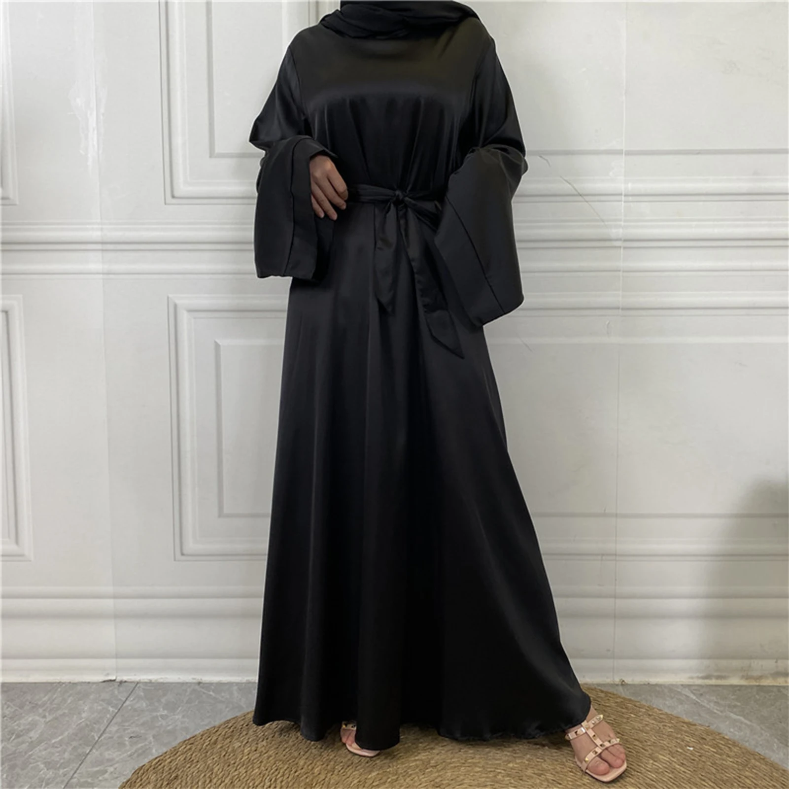 

Arab Muslim Women Dress Solid Color Musulmane Satin Hijab Dress Summer Fashion Dubai Turkey Kaftan Robe Islam Clothing Robes
