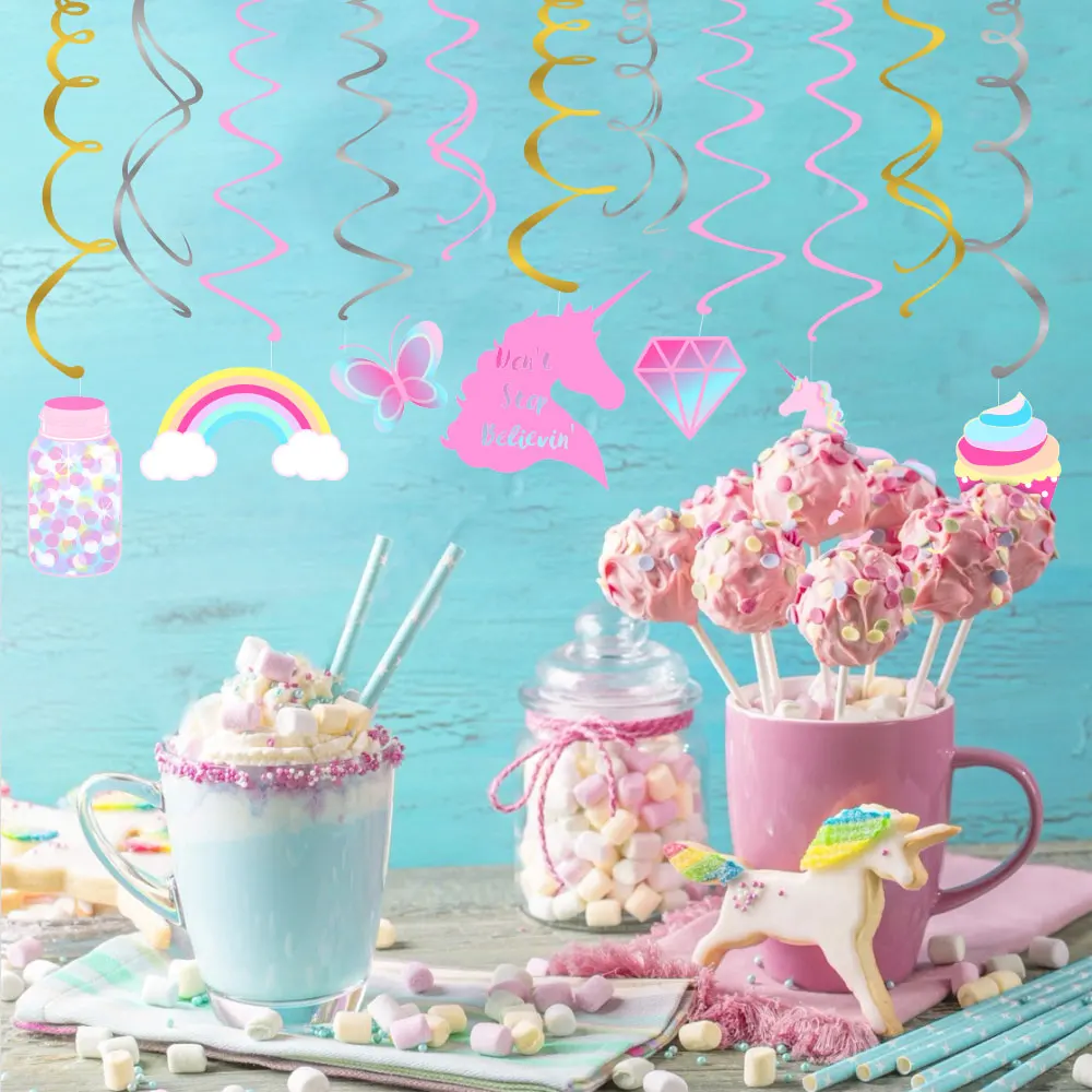 

XL059 30pcs/set Sweet Girl Rainbow Cartoon Unicorn Butterfly BIRTHDAY Party Wall Hanging Swirls Spirals Baby Shower Party Favors