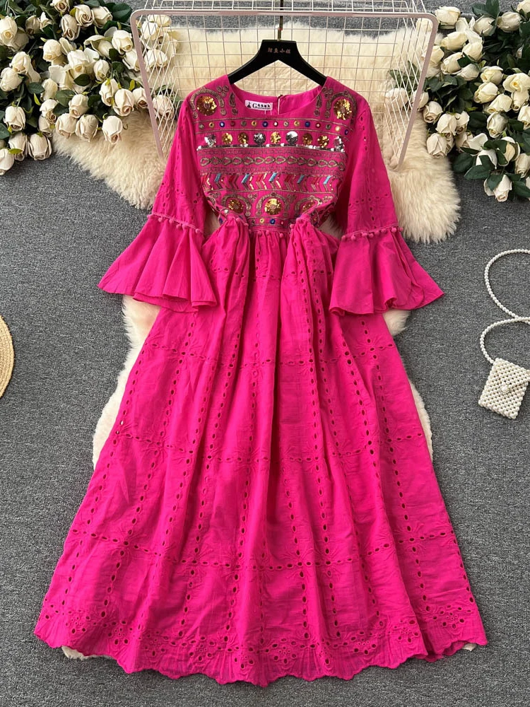 Женское богемное длинное платье летнее ажурное винтажное с рукавами-лепестками