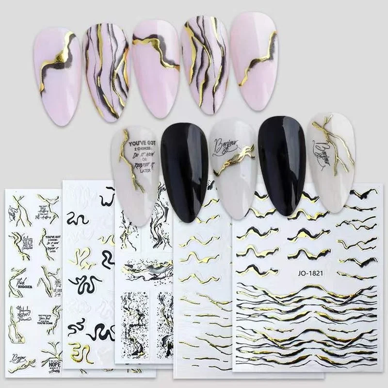 

12 Styles Mixed Color Bronzing Marble Pattern Nail Stickers Irregular Black and White Bronzing Curve Decals Decorative Nail Art