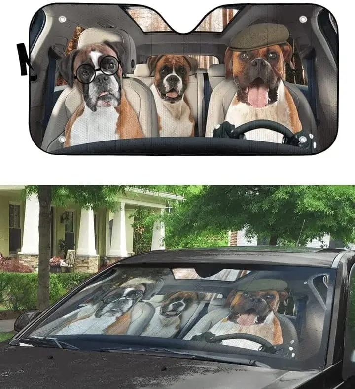 Boxer Dog Family Driving Through City Car Sunshade for Boxer Lover, Funny Boxer Family Driving Auto Sun Shade, Boxer Windshield