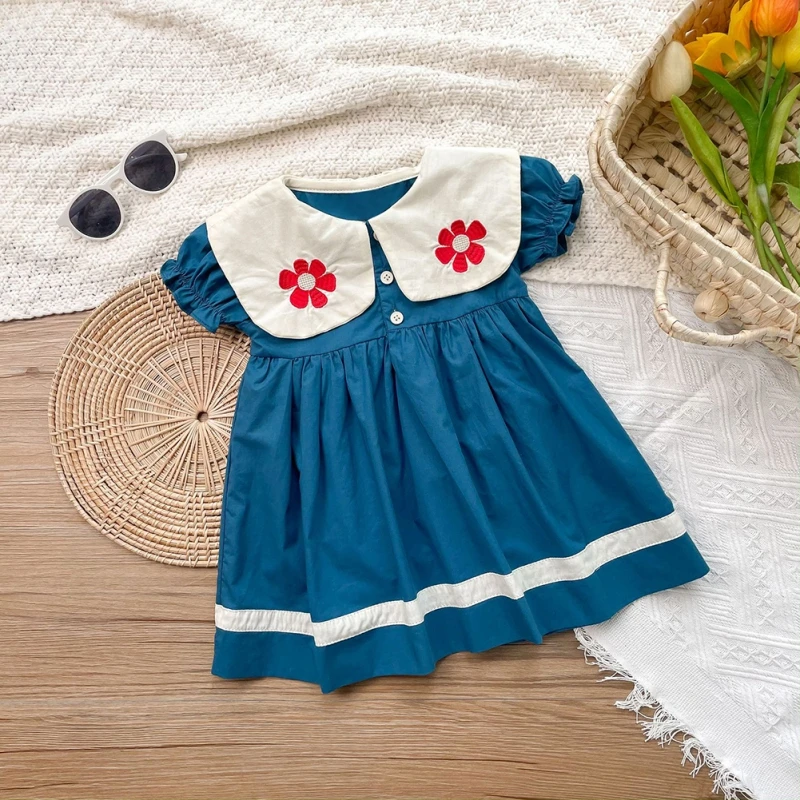 

Summer Dress For Girls 1-5 Years Simple Solid Color Doll Collar Embroidered Princess Dress Children Fashion Dresses