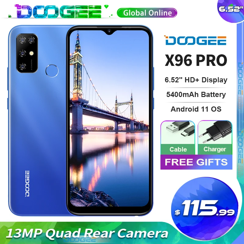 

Doogee X96 Pro Mobile Phone 6.52”HD+ Screen 4GB RAM 64GB ROM Octa-Core 13MP Quad Camera 5400mAh Battery Android 11.0 Smartphone