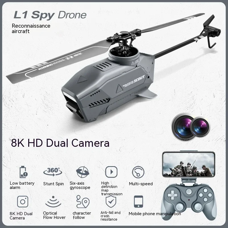 

2023 Cool L1 Rc Helicopter 2.4g 4ch 6-axis Gyroscope Single Paddle Helicopter Aerial 8k Dual Mini Camera Hornet Spy Drone Gift