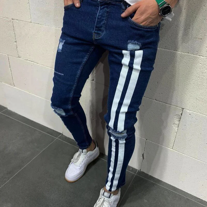 

2022 Stretch Ripped Pants Streetwear Men's Black Ripped Jeans Slim Fit Blue Hip Hop Denim Trousers Jeans Jogging Jean Homme