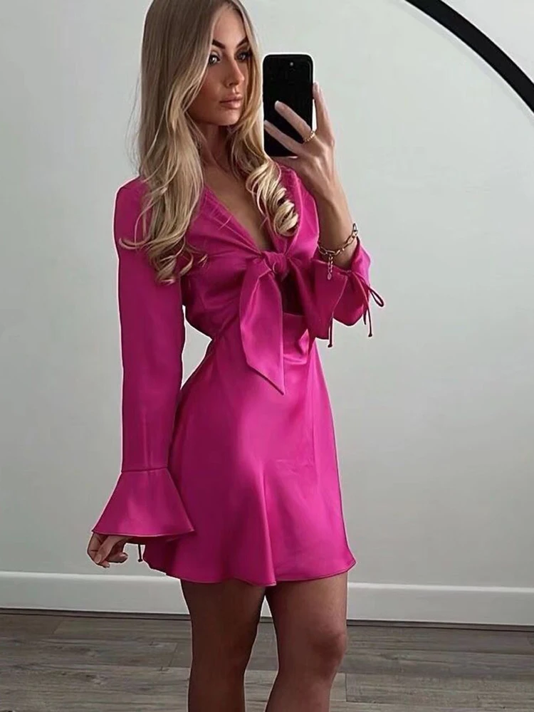 

KBAT Rose Red Women Short Dress 2022 Summer Fashion Bow Chest Tie Mini Dress Woman Elegant Party Satin Cutout Dresses