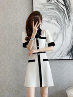 bow women dress black white color patchwork short sleeved dress high waist ice silk knitted thigh length mini dress summer 2022