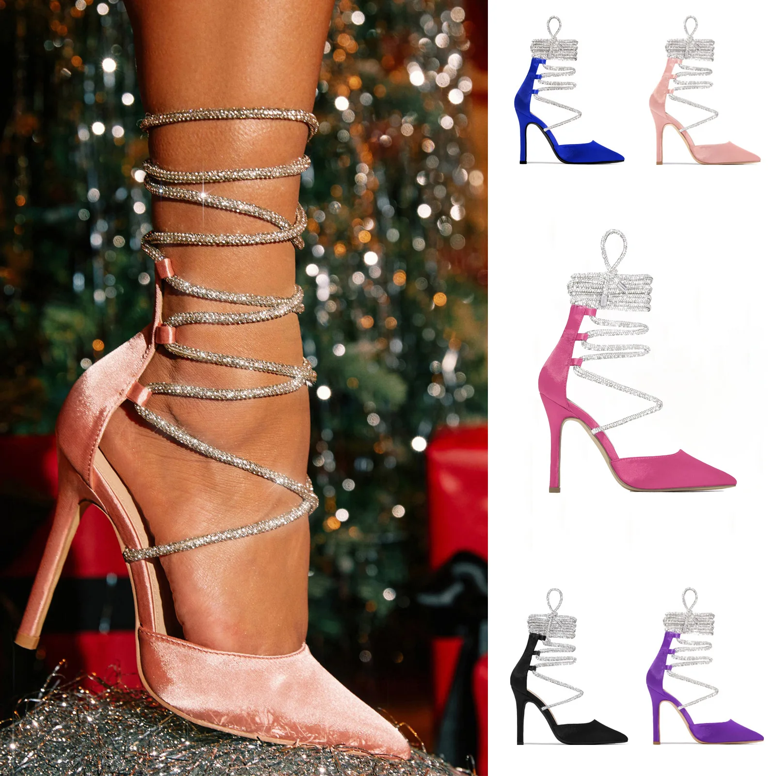 

11cm New Summer Black White Pink Bow Rhinestone High Heels Cross Strap Pointed Large Sandals Fashion Slim Heels Sandals