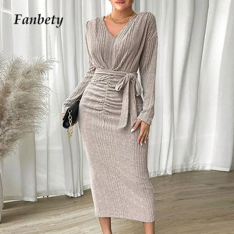 

Autumn Elegant Waisted Lane-up Ladies Dress Sexy V Neck Long Sleeve Slim Long Dress Solid Color Striped Knitted Sweater Dresses