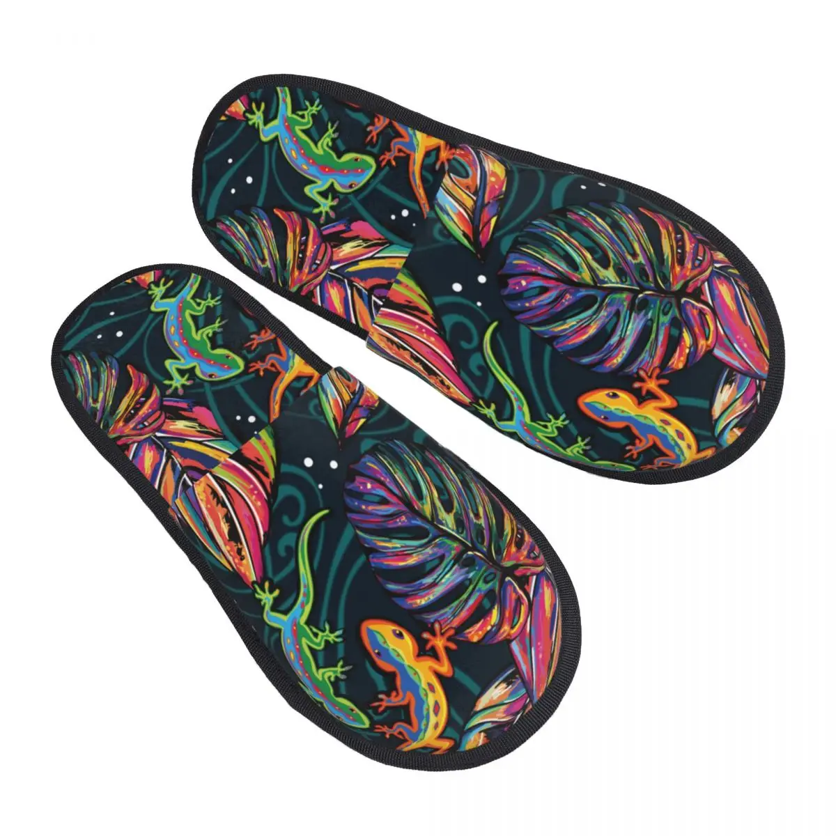 Tropical Lizards And Amulticolor Leaves Slipper For Women Men Fluffy Winter Warm Slippers Indoor Slippers