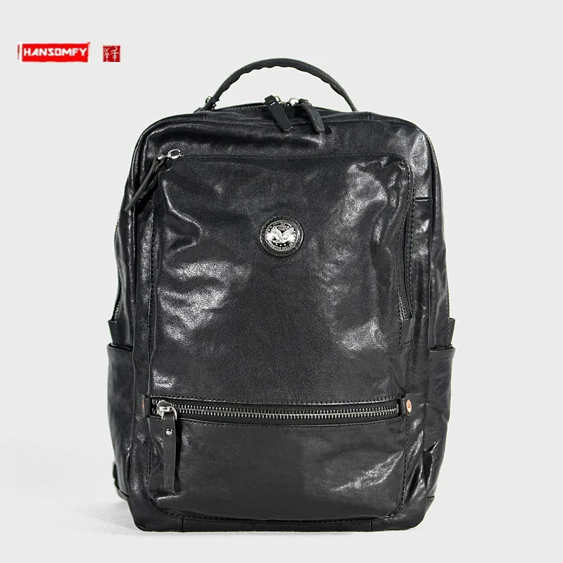 

Soft Black Genuine Leather Men's Backpack Men British School Bags Laptop Bag First Layer Cowhide Korean Fashion Travel Backpacks