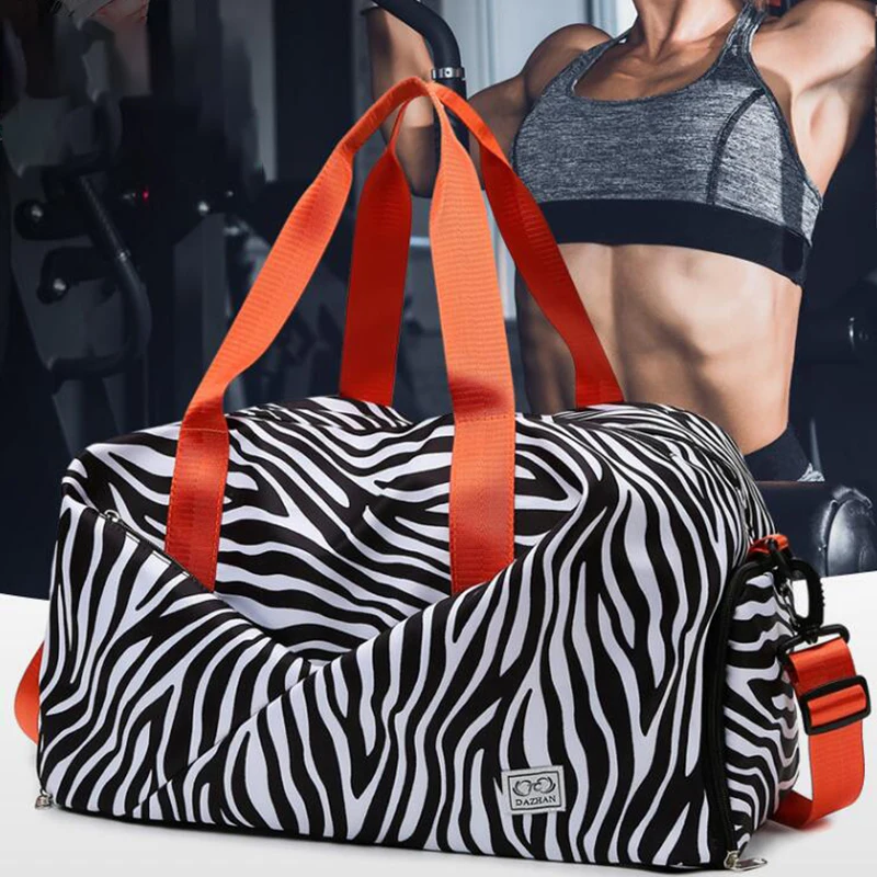 

Women Zebra-stripe Travel Bag Folding Luggage Duffle Shoulder Bags Large Female Sports Yoga Gym Fitness Dry Wet Separation