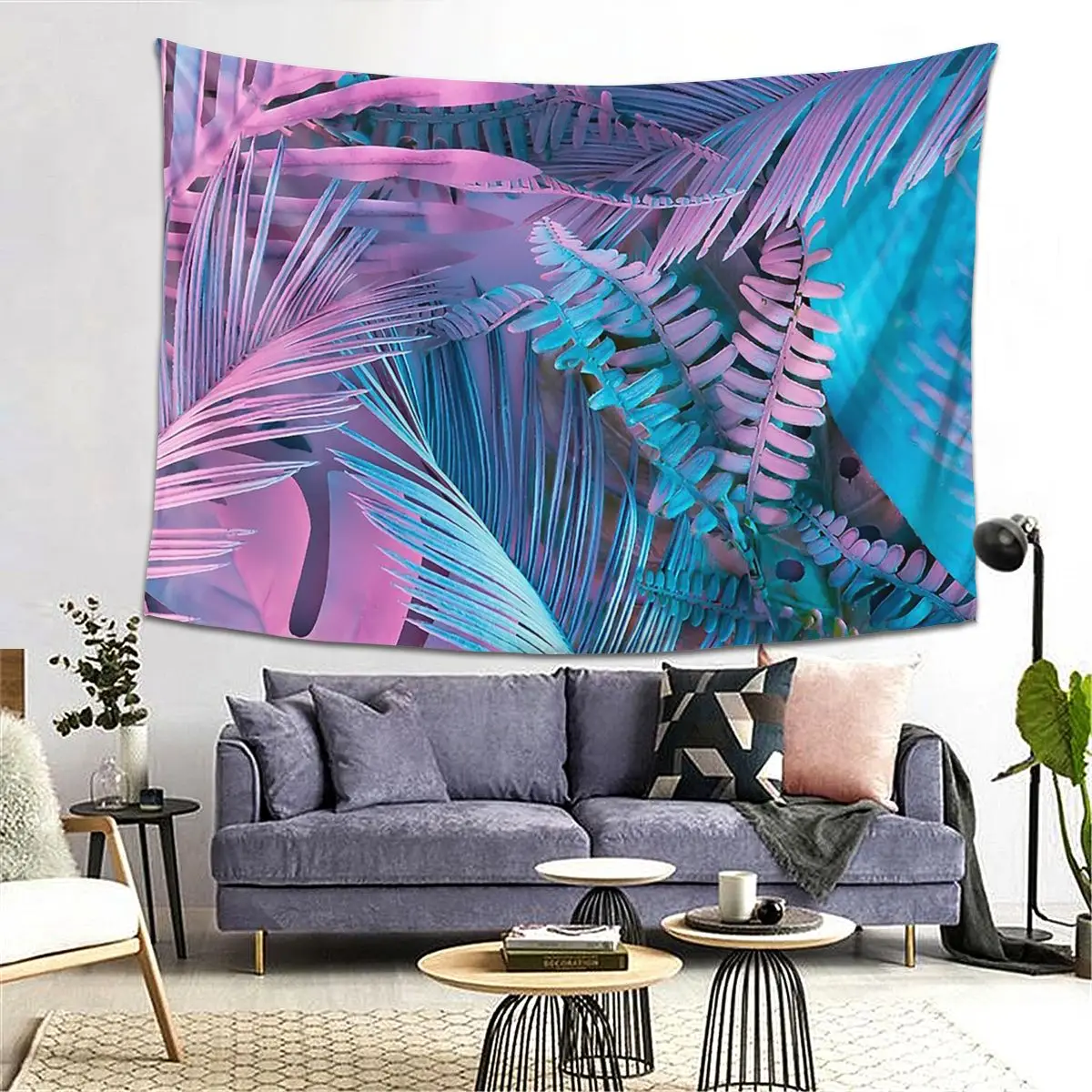 

Neon Pink And Blue Exotic Palm Leaves Tapestry Art Aesthetic Tapestries for Living Room Bedroom Decor Home Hippie Wall Hanging