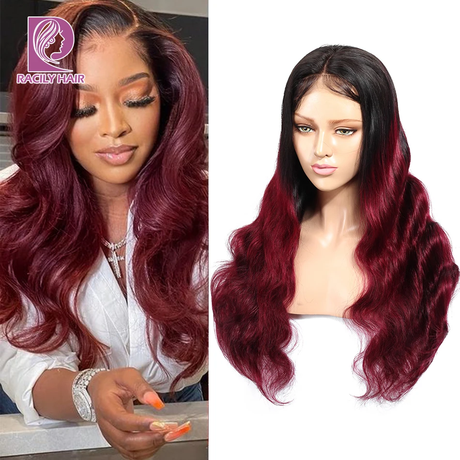 Racily Hair Body Wave Lace Front Wig Burgundy Lace Front Human Hair Wigs For Women 4x4 Closure Wig 13x1x4 T-Part Lace Wig 200%