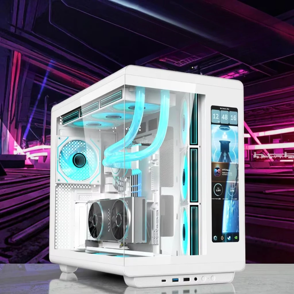 Фото Чехол для игрового ПК ATX из закаленного стекла с полной поддержкой башни, жидкостный охладитель 360, чехол для настольного компьютера с ЖК-экраном №1