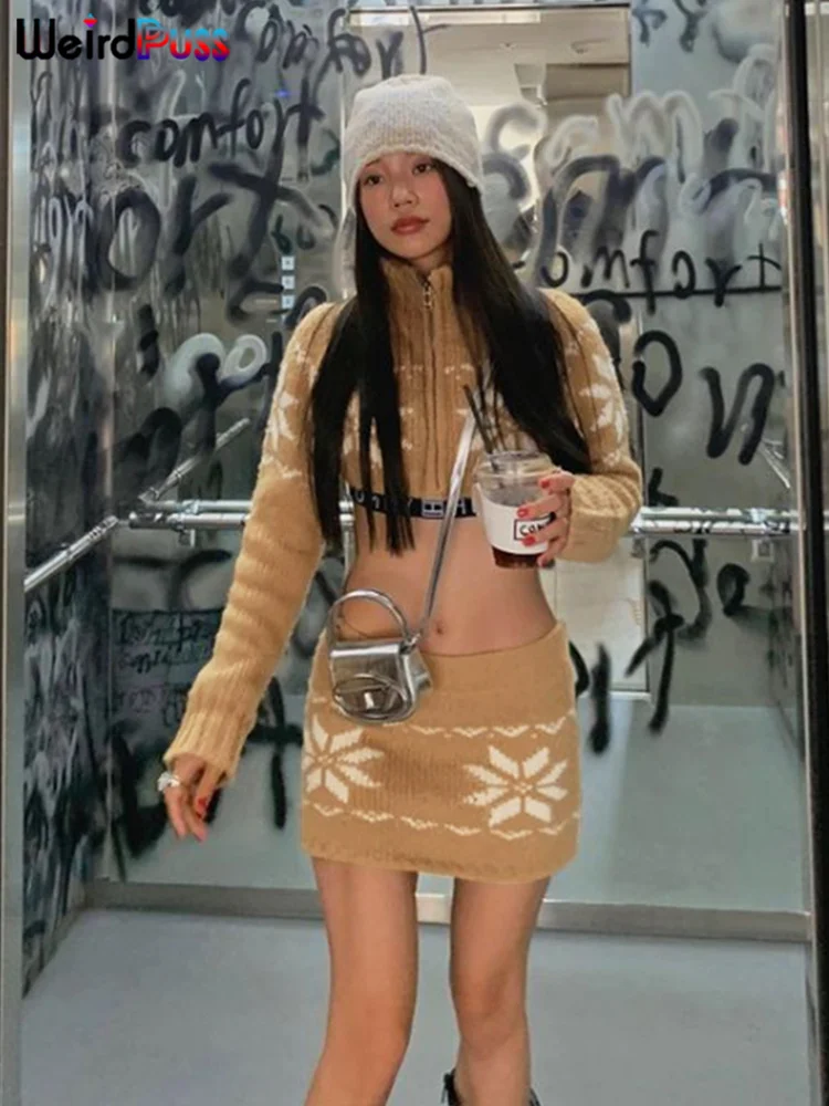 

Weird Puss Sweater 2 Piece Set Tracksuit Women Chic Flowers Zipper Long Sleeve Crop Top+Mini Skirts Winter Thick Streetwear Suit