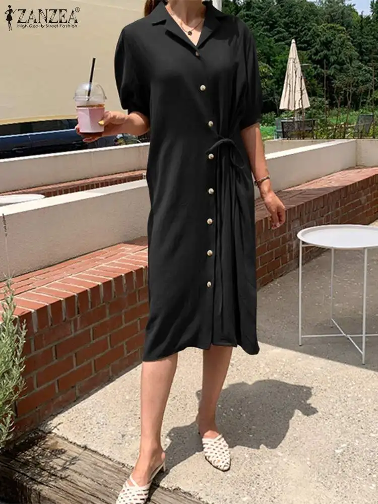 

Women's Casual OL Belted Robe Femme Vintage Midi Sundress Oversized 2022 Fashion Elegant Shirt Dresses ZANZEA Summer Solid Dress