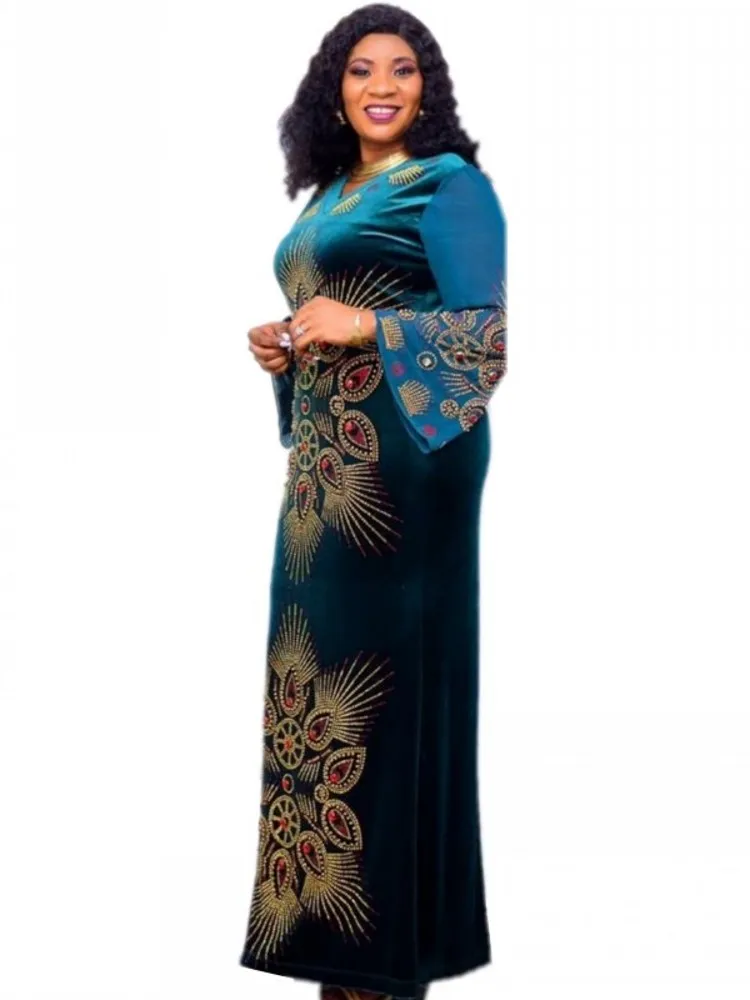 

Velvet African Dresses For Women Design Dashiki Beading Abaya Bandage Maxi Bazin Vintage Robe Gowns Africa Sexy Lady Party Dress