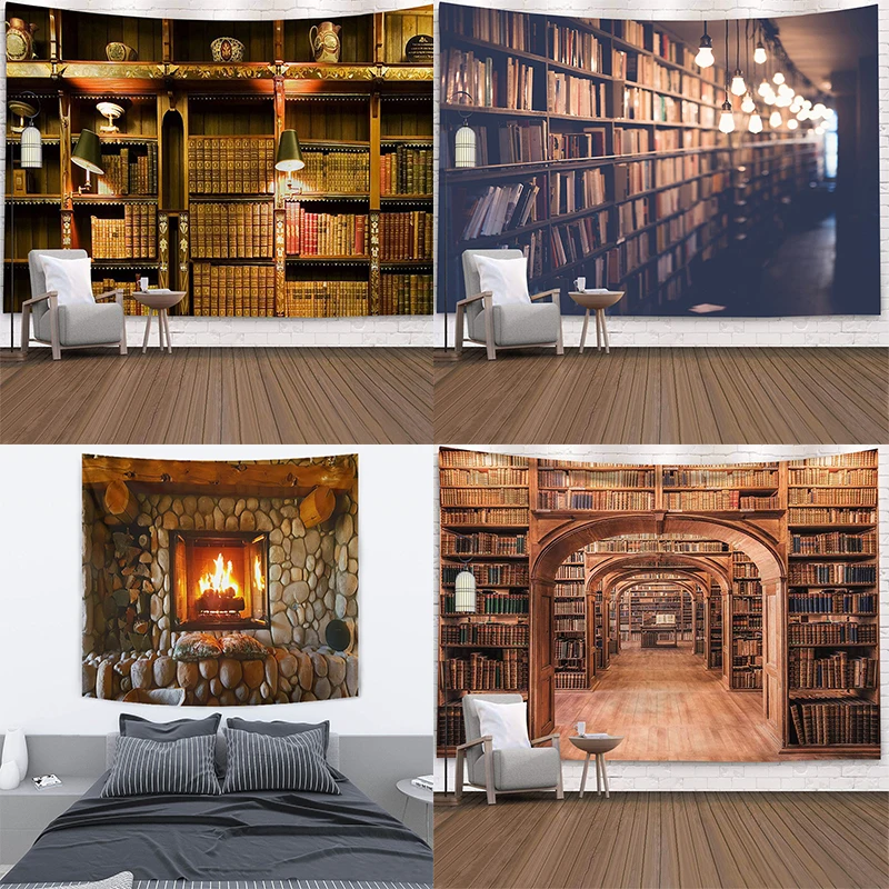 

Bookshelf House Living Room Decoration Fireplace With Fire Imitatio Library Wall Decor Hanging Flower Tapestry Aesthetic Canvas