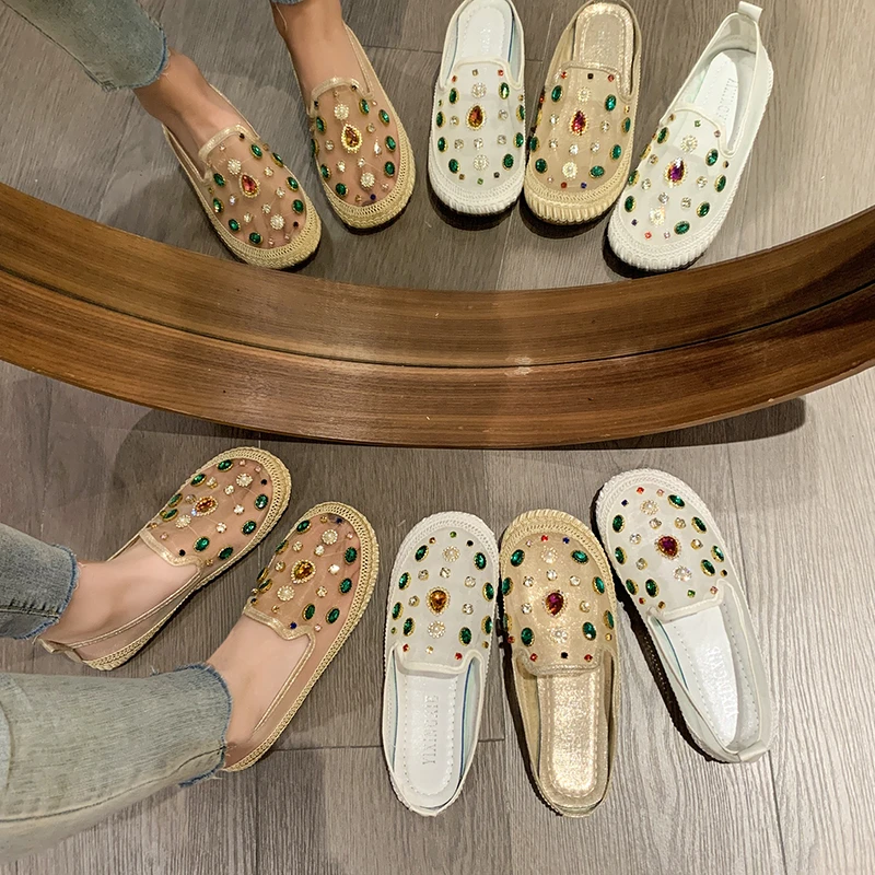 

2023 кружевные лоферы с кристаллами и цветами, женская модная сетчатая обувь с кристаллами на плоской подошве, женские нескользящие Повседневные тапочки