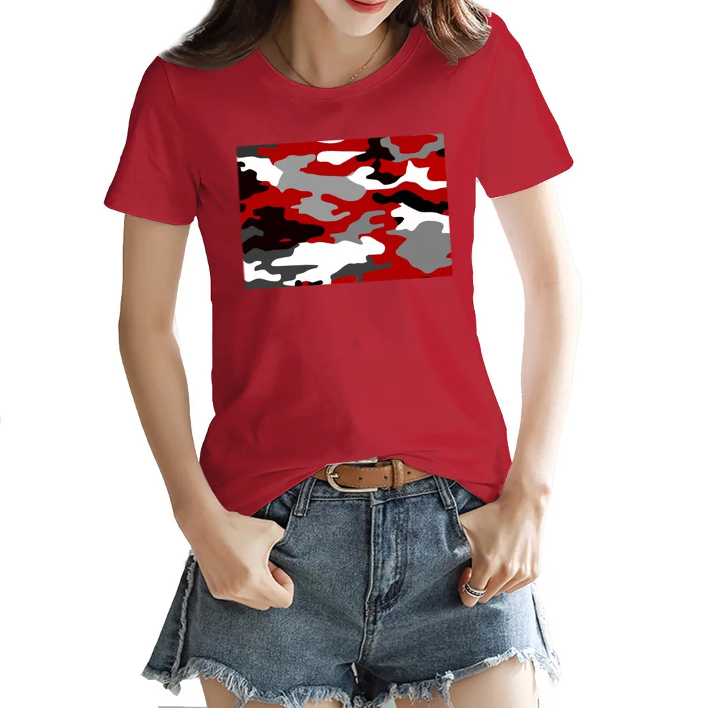 

Top Quality Red Camo Round neck T-shirt Red Novelty HarajukuTees Tops European Size