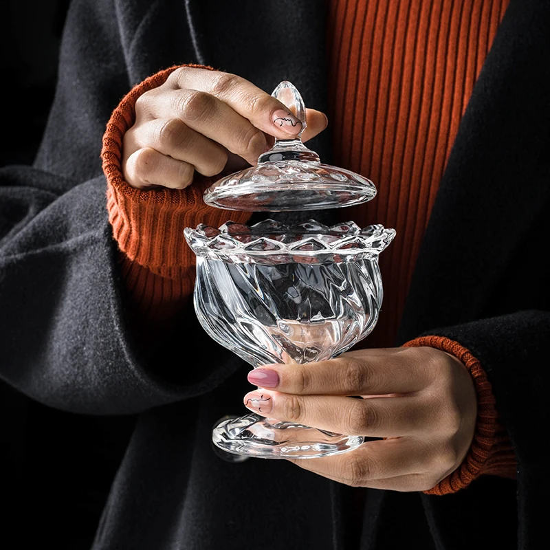Transparent Tall Feet Glass Bottle Nordic Modern Elegant Relief Craft Candy Snacks Storage Jar with Lid Home Cosmetic Container |