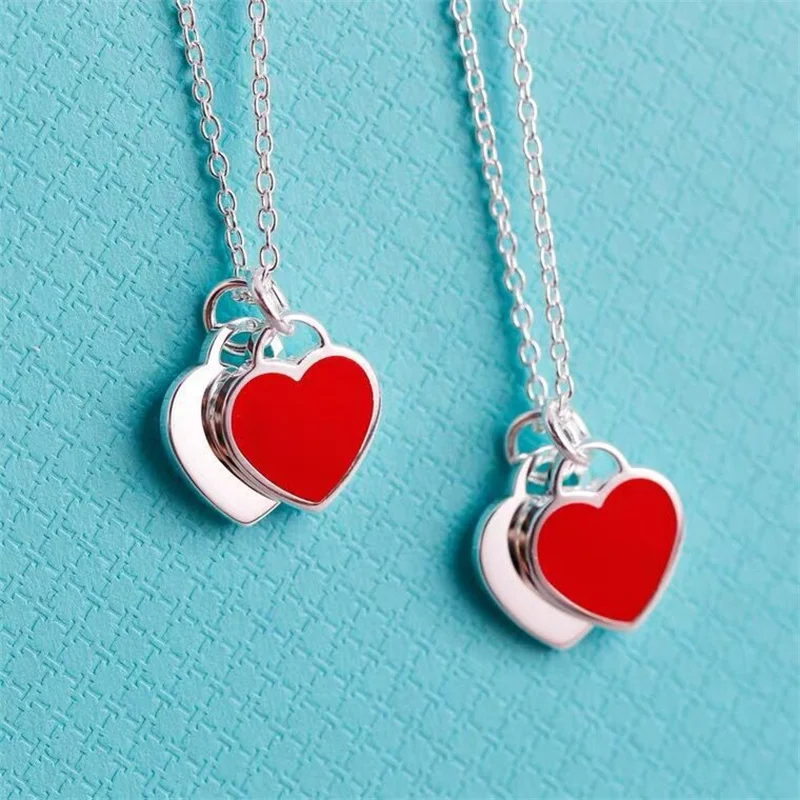 

Cute Romantic Double Heart Pendant Necklace For Girlfriend Jewelry Set Trendy 925 Sterling Silver Necklace Femlae Bijou