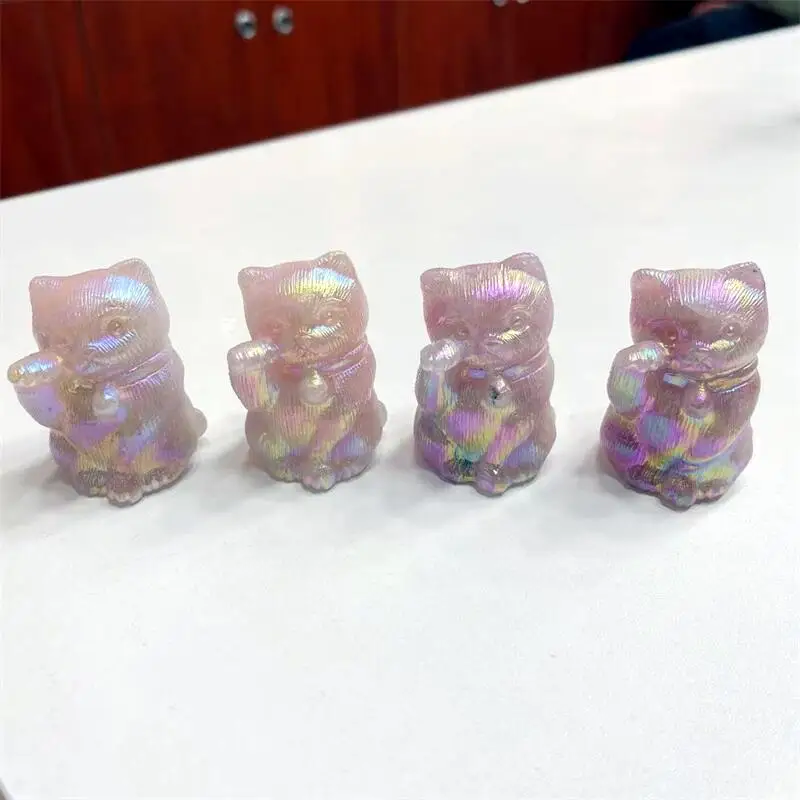 

Natural Aura Rose Quartz Fortune Cat Carved Crystals And Stones Healing Polished Mineral Ornaments Home Decoration 1pcs