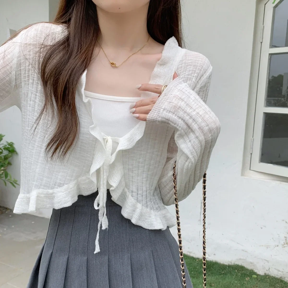 Осенний новый однотонный тонкий кардиган женский милый элегантный черный