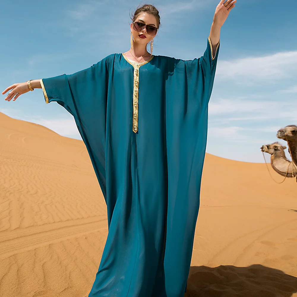Wepbel Lake Blue Ramanda Abaya мусульманское платье Женская Золотая лента накидка Дубай брикет одежда свободный рукав летучая мышь кафтан