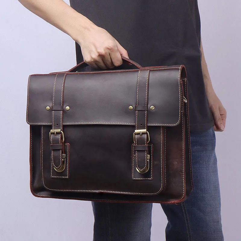 

AETOO Vintage cowhide Men's handbag Horizontal briefcase Leather Computer Bag Handmade Messenger Bag Crazy Horse leather Should