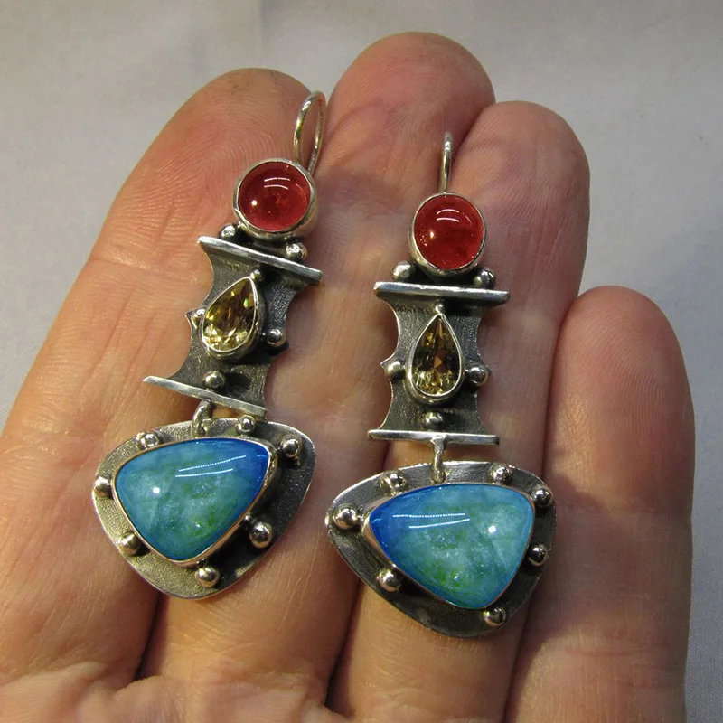 

Tribal Triangle Water Drop Blue Stone Earrings Vintage Jewelry Ancient Metal Inlaid Red Resin Statement Earrings for Women