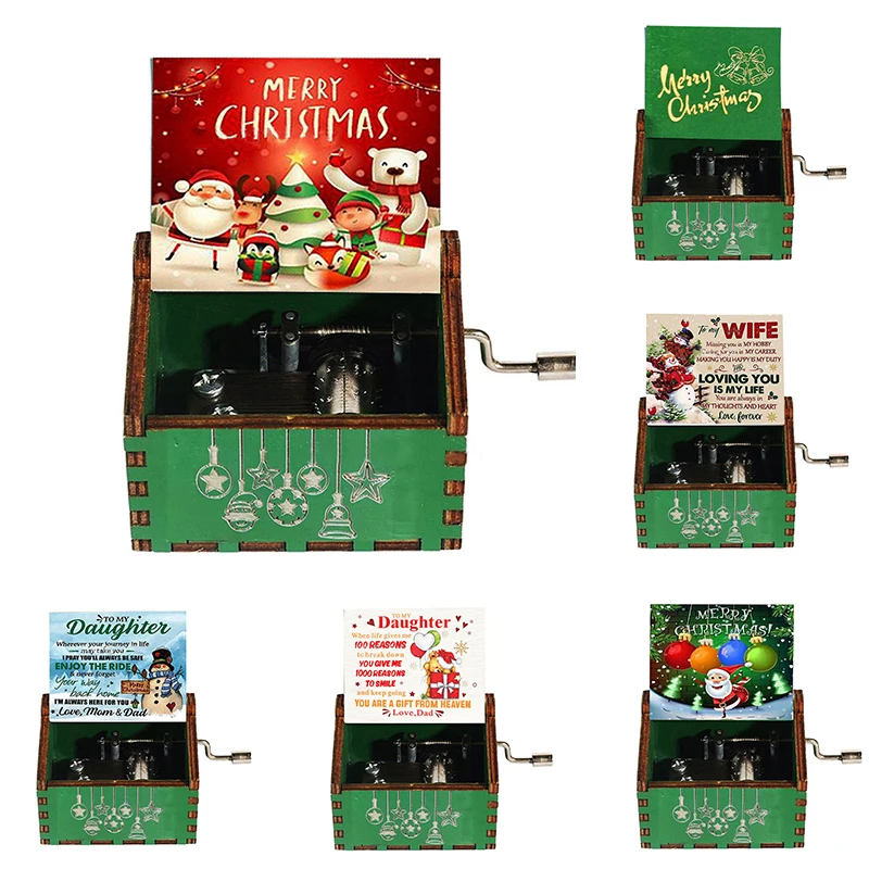 

Cute Hand Crank Music Box New Year Theme Wooden Music Box Christmas Gift Painted Carved Can Be Opened And Closed Home Decor