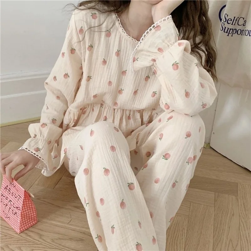 QWEEK Cotton Women's Pajamas Kawaii Sleepwear Peach Print Nightwear Korean Style Pijama Female Set Woman 2 Piece Pyjamas Suit 