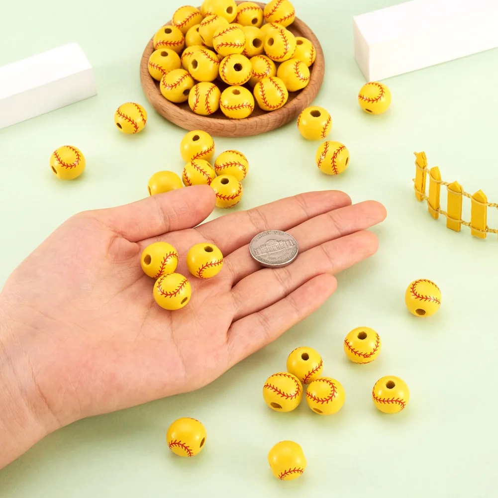 100Pcs Dyed Wood Beads Round With Baseball Pattern Spacer Beads Handmade For Men Women Jewelry Making Sport Theme Supplies