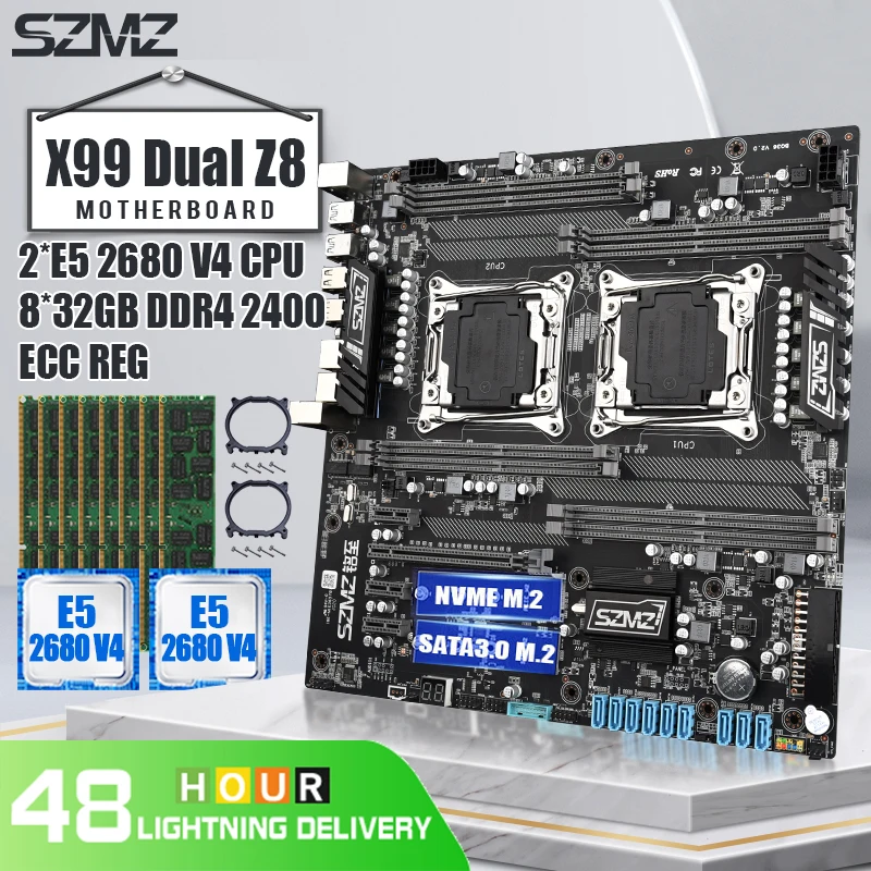 

SZMZ X99 Dual Motherboard Socket LGA 2011-3 Set with Intel E5 2680 V4*2 CPU and 8*32GB=256 DDR4 2400MHZ ECC REG RAM X99 Kit