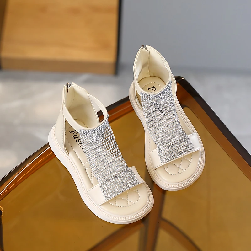 

Children Rhinestone Sandals Girl Summer New 2022 All-match Hollow Open Toe Kids Fashion Princess Ball Shoes for Party Wedding