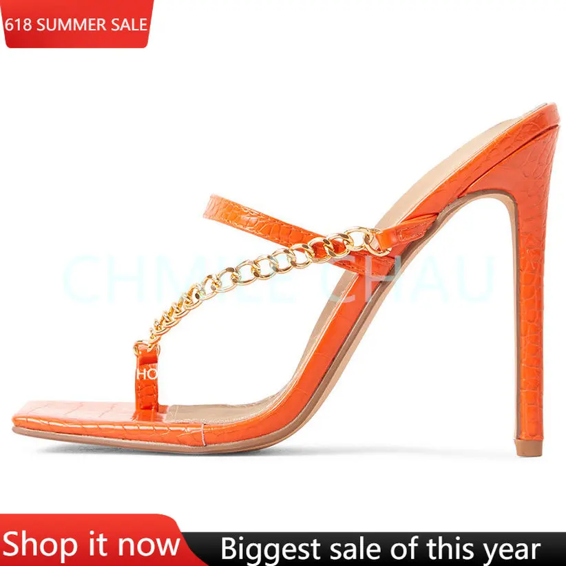 

Chain Elegant Luxury Designer Women Sandals Square Toe Stiletto High Heel Cross Strap Sexy Party Dress Shoes Plus Size 10-CHC-31