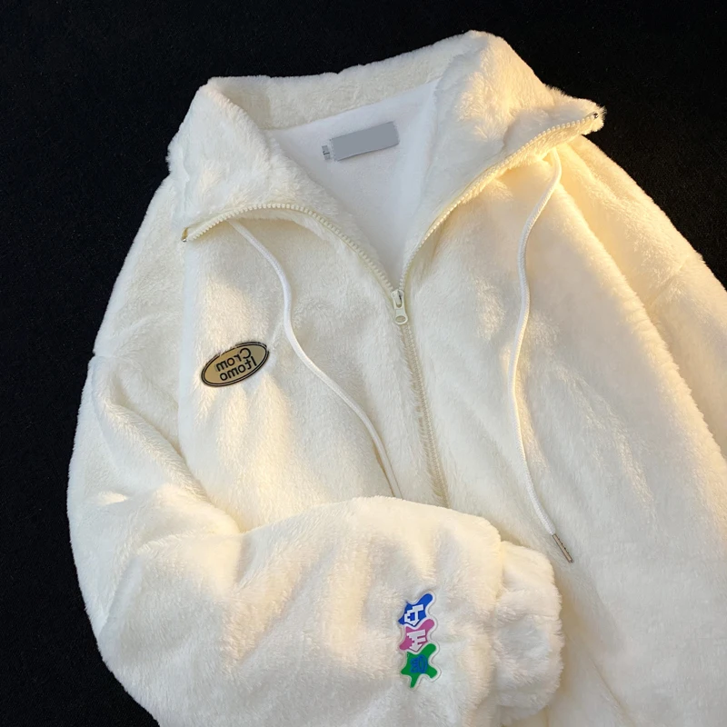 

DAYIFUN Women Coat Zipper Turn-down Collar Embroidery Long Sleeve Top Faux Lamb Wool Baseball Varsity Jacket Winter Warm Parkas