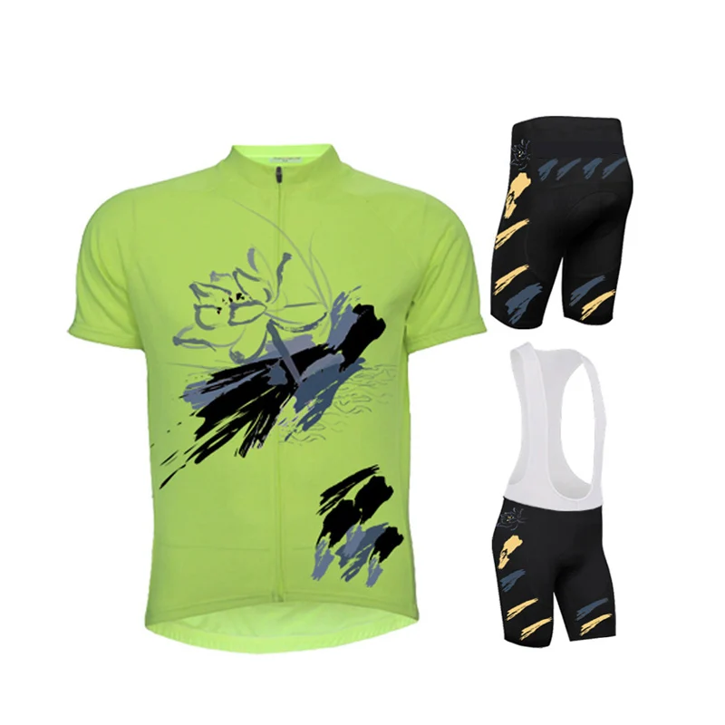 

New Cycling Jerseys Green Cycling Clothing MTB Bike Clothes Quick Dry Short Sleeves Bicycle Sportswear Gel Pad Bib Pants Lotus