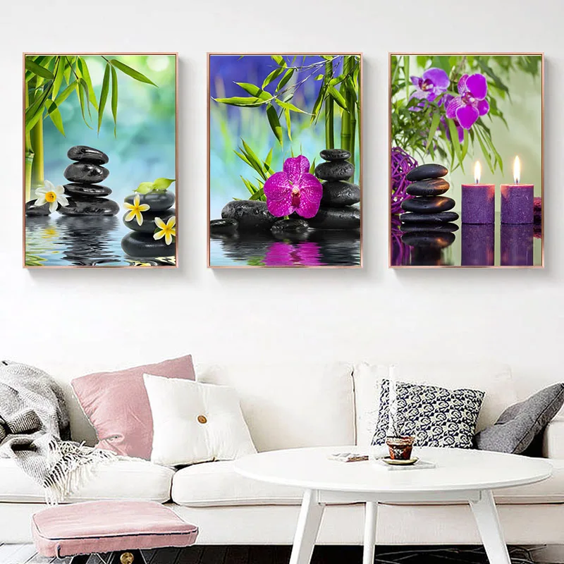 

Green Bamboo Zen Stone Canvas Painting Wall Art Bathroom Picture Green Bamboo Poster Home Decoration Stone Scene