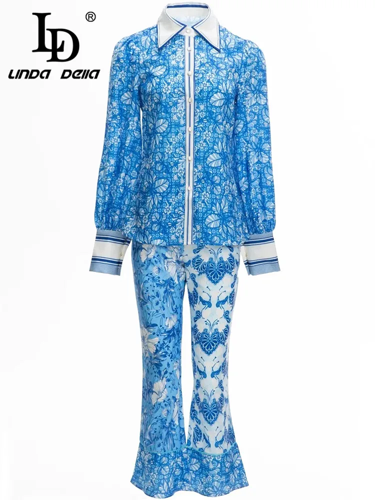 LD LINDA DELLA Designer Runway Autumn Winter Pants Set Women's Turn-down Collar Blue Flower Print Shirt＋Flare Pants 2 Piece Suit