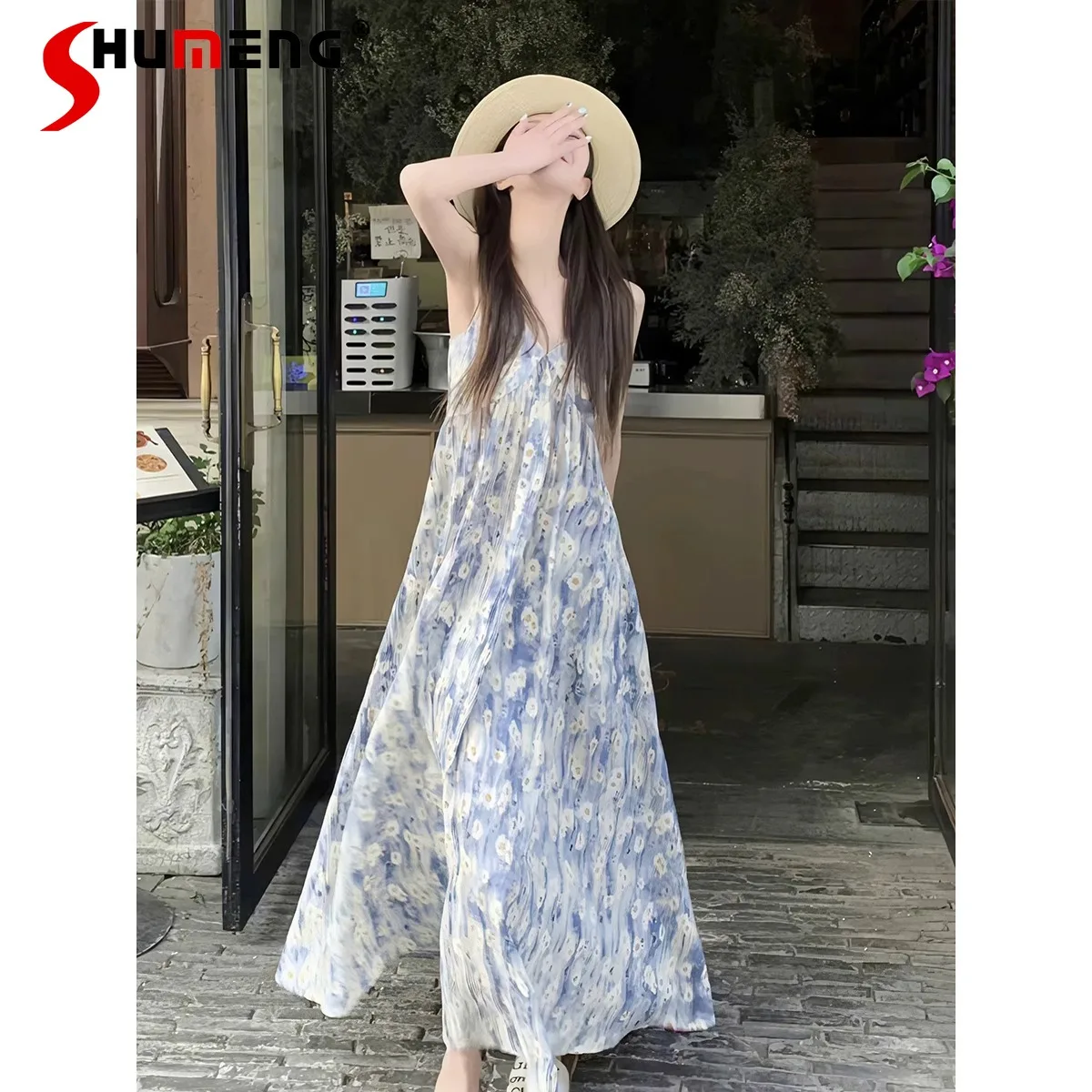 

Seaside Holiday French Floral Backless Strap Maxi Dress Women's Summer High Sense Pear-Shaped Figure Elegant Long Dress