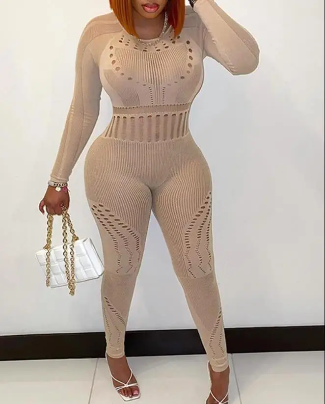 

2023 Woman Long Jumpsuits Elegant Sexy Hollow Out Backless Long Sleeve Skinny Jumpsuit New Fashion Casual One Pieces Female