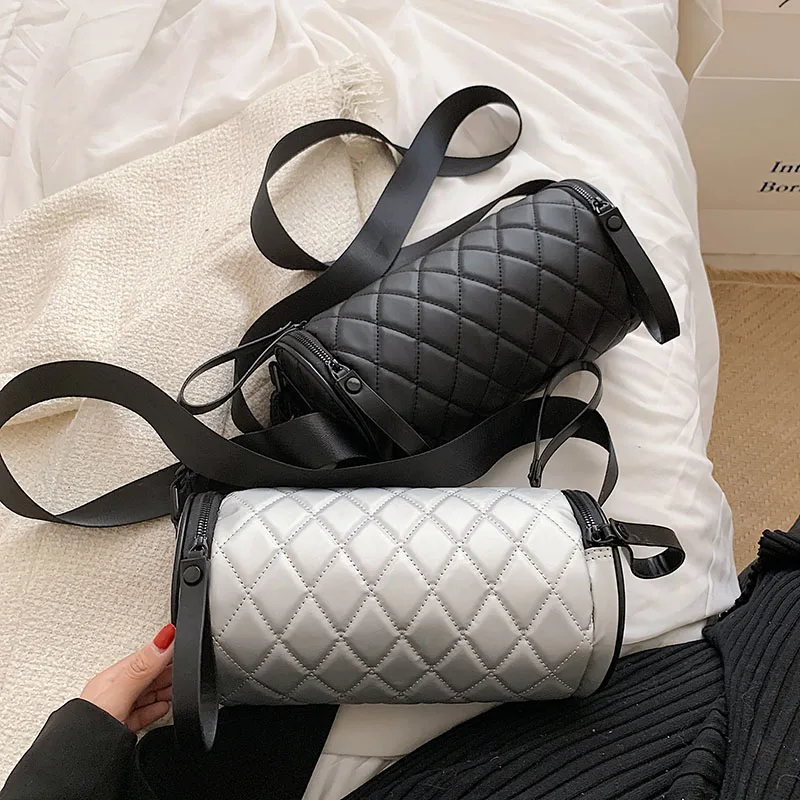 

Korean Style Crossbody Bags for Girls Pure Color Diamond Pattern Barrel Shaped Purses Soft PU Leather Cylinder Bag Women Handbag
