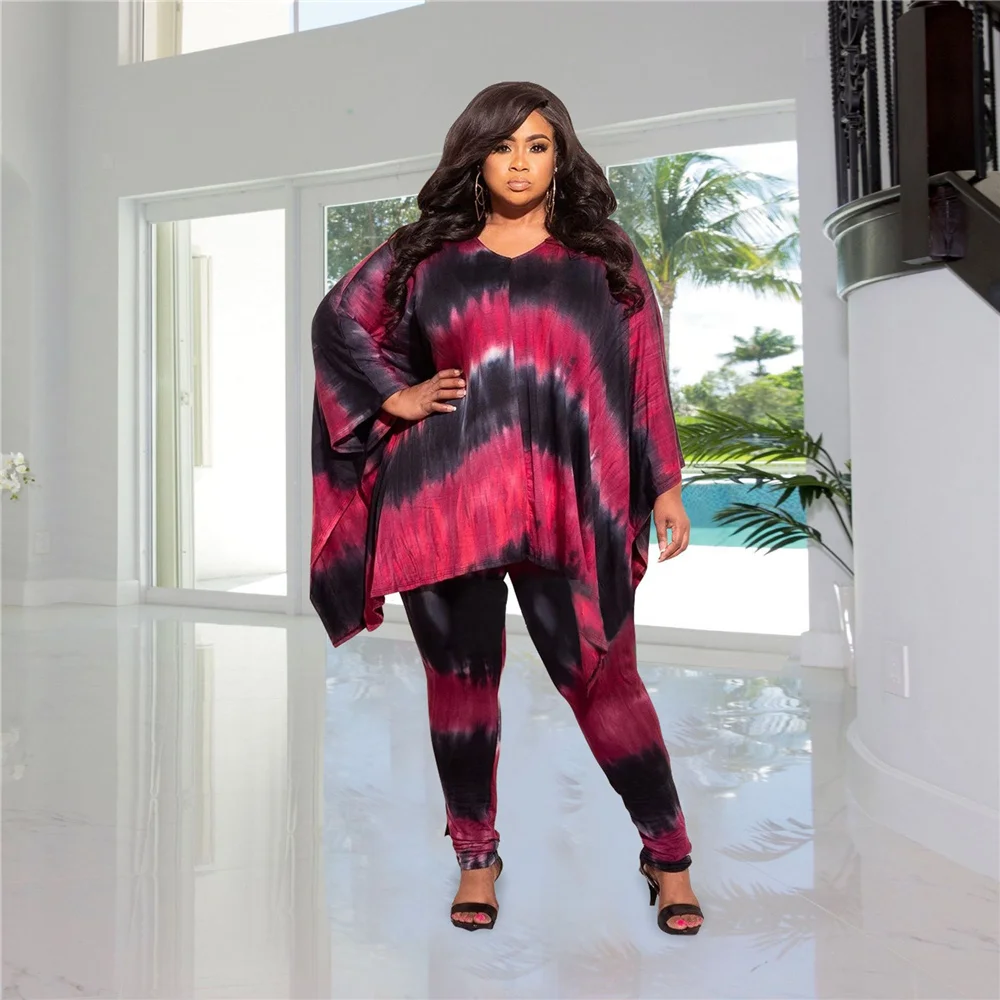 Plus Size New Tie Dye Two Piece Set Women Camouflage Print Elastic Waist Long Sleeves Solid Casual Loose Whol 3xl 4xl 5xl 6xl
